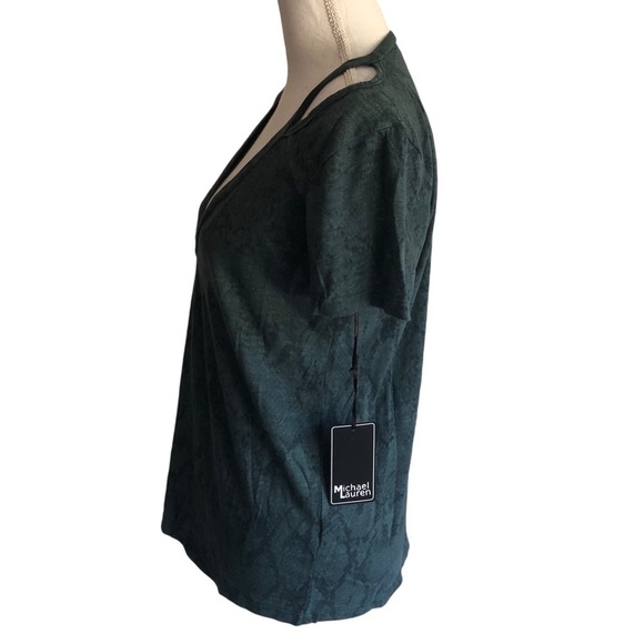 Michael Lauren T-Shirt Shoulder Cut Out Barker Green Snakeskin Print Medium - Picture 3 of 14
